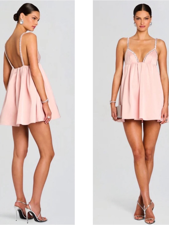 RETROFETE Aniyah Crystal Embellished Babydoll Satin Pink Mini Dress Size Large - Picture 2 of 8